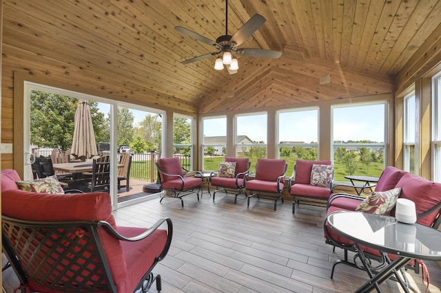 17818 Amstutz Rd, Leo, IN 46765 - sunroom with wooden ceiling, wood finished floors, wooden walls, and high vaulted ceiling
