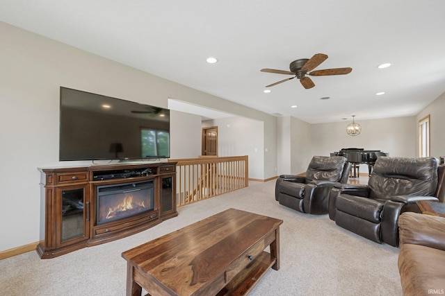 17818 Amstutz Rd, Leo, IN 46765 - carpeted living area featuring ceiling fan, recessed lighting, and a glass covered fireplace