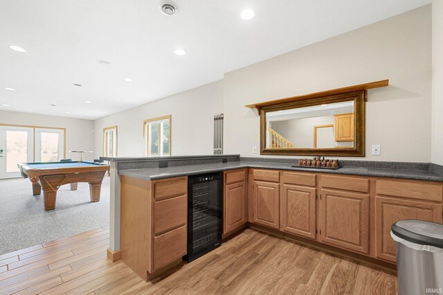 17818 Amstutz Rd, Leo, IN 46765 - bar area featuring wine cooler, billiards table, light wood-style flooring, and recessed lighting