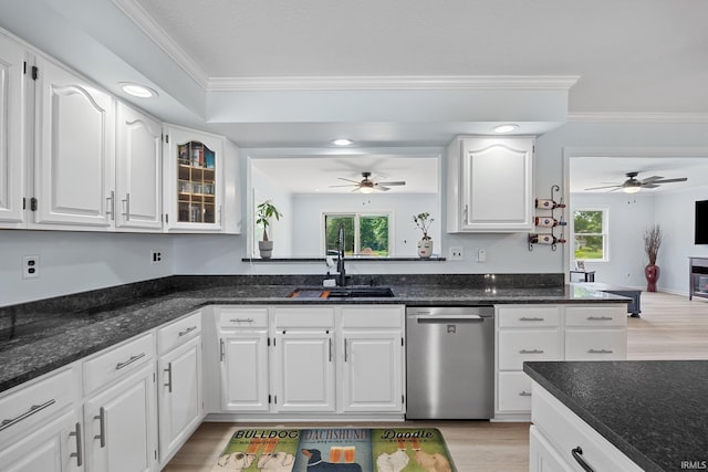 2131 E 430 Rd S, Lafayette, IN 47909 - kitchen featuring stainless steel dishwasher, a ceiling fan, crown molding, dark stone counters, and light wood-style floors