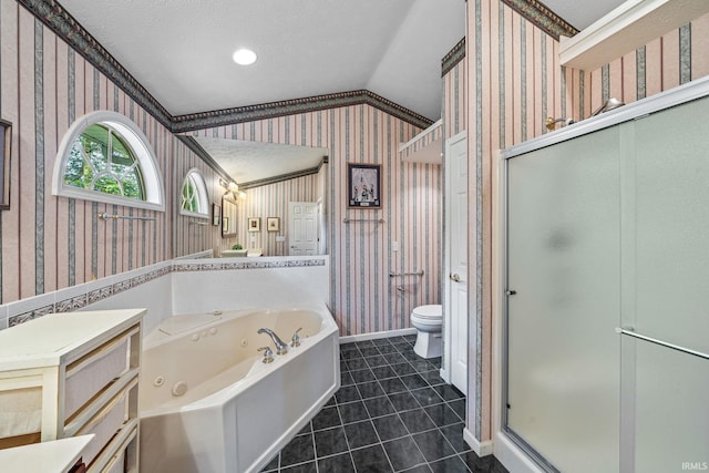 2166 Willow Creek Dr, Mishawaka, IN 46545 - bathroom with wallpapered walls, vaulted ceiling, a whirlpool tub, a shower stall, and tile patterned flooring