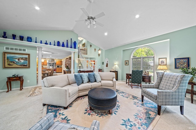 2166 Willow Creek Dr, Mishawaka, IN 46545 - carpeted living area featuring a ceiling fan, decorative columns, recessed lighting, and high vaulted ceiling