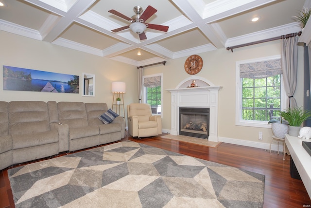 6488 Pebble Pointe Ct, Newburgh, IN 47630 - living room with wood finished floors, a fireplace with flush hearth, coffered ceiling, ceiling fan, and plenty of natural light
