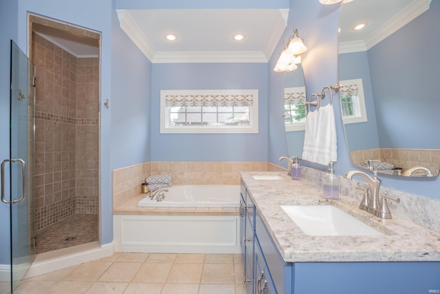 6488 Pebble Pointe Ct, Newburgh, IN 47630 - full bathroom featuring a bath, a shower stall, double vanity, tile patterned floors, and ornamental molding