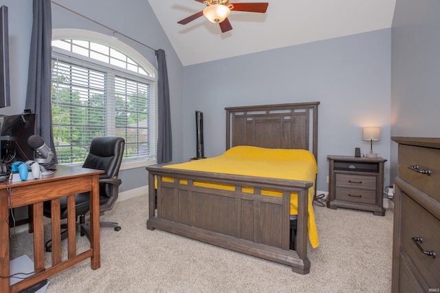 6488 Pebble Pointe Ct, Newburgh, IN 47630 - bedroom with light carpet, an office area, ceiling fan, and high vaulted ceiling