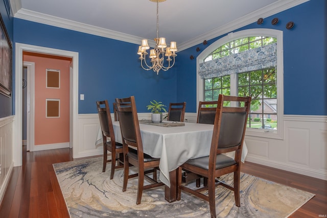 6488 Pebble Pointe Ct, Newburgh, IN 47630 - dining space with a chandelier, a wainscoted wall, wood finished floors, and ornamental molding
