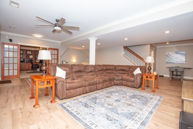 6488 Pebble Pointe Ct, Newburgh, IN 47630 - living area featuring crown molding, light wood-style flooring, ceiling fan, ornate columns, and recessed lighting
