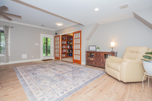 6488 Pebble Pointe Ct, Newburgh, IN 47630 - sitting room featuring light wood finished floors, crown molding, ceiling fan, and recessed lighting