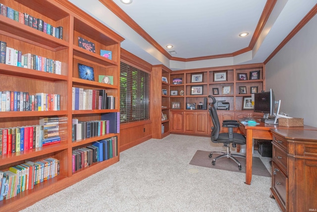 6488 Pebble Pointe Ct, Newburgh, IN 47630 - office area with crown molding, carpet flooring, and recessed lighting