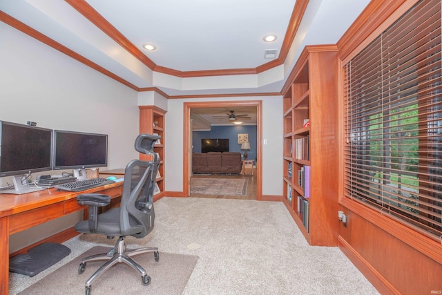 6488 Pebble Pointe Ct, Newburgh, IN 47630 - office area with crown molding, carpet, ceiling fan, recessed lighting, and built in shelves