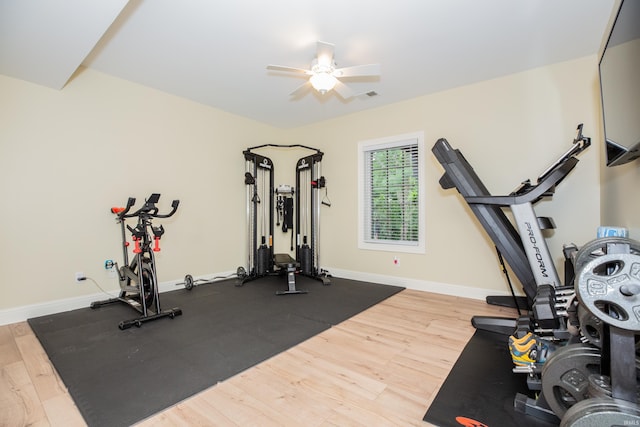 6488 Pebble Pointe Ct, Newburgh, IN 47630 - workout area with a ceiling fan and wood finished floors