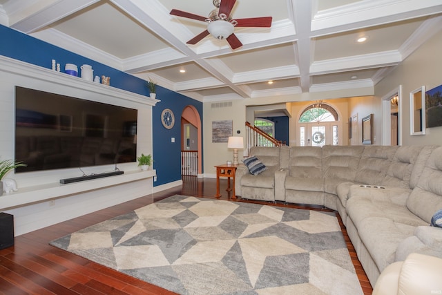 6488 Pebble Pointe Ct, Newburgh, IN 47630 - living area with ceiling fan, wood finished floors, beamed ceiling, coffered ceiling, and arched walkways