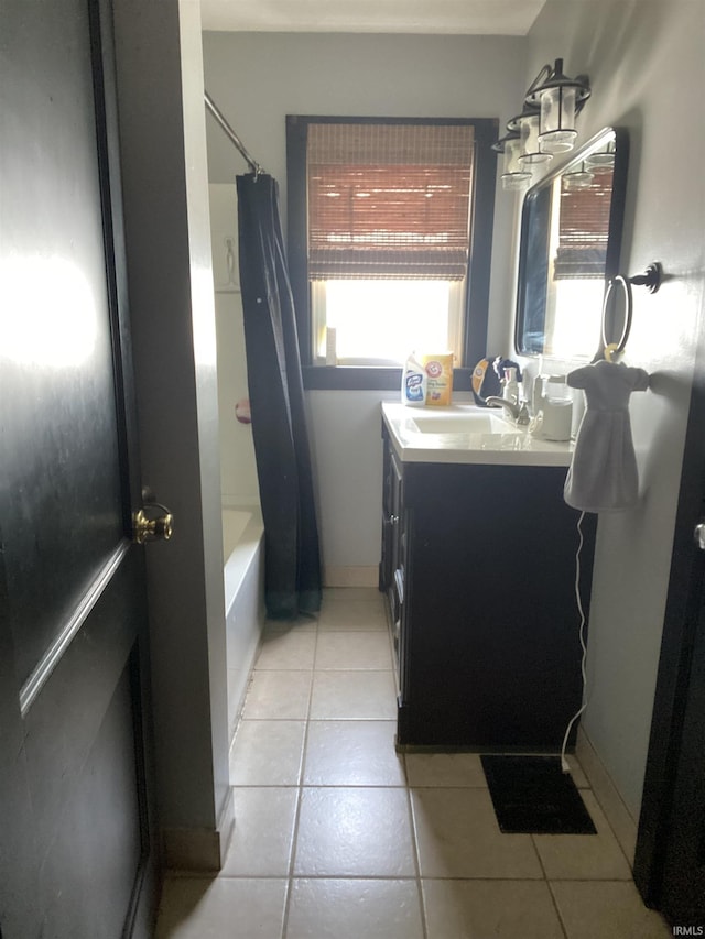706 11th St, Tell City, IN 47586 - full bathroom with tile patterned floors, vanity, and shower / bathtub combination with curtain
