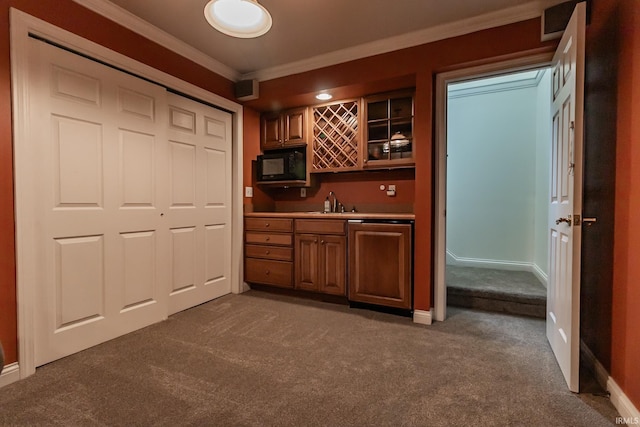 2200 E Boonville New Harmony Rd, Evansville, IN 47725 - indoor wet bar with black microwave, ornamental molding, carpet flooring, and paneled dishwasher