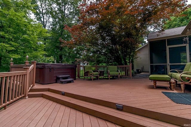 2200 E Boonville New Harmony Rd, Evansville, IN 47725 - wooden terrace with a hot tub and view of wooded area