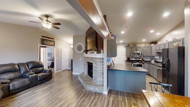 921 W Wheatfield Ln, Churubusco, IN 46723 - kitchen featuring appliances with stainless steel finishes, open floor plan, lofted ceiling, dark countertops, and gray cabinets