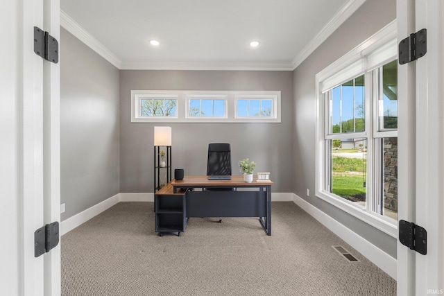 18015 Tullymore Ln, Leo, IN 46765 - home office with light colored carpet, healthy amount of natural light, ornamental molding, and recessed lighting