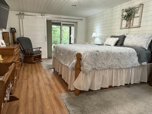 299 Spring Haven Rd, Mitchell, IN 47446 - bedroom featuring access to exterior, wood finished floors, wooden ceiling, and wood walls