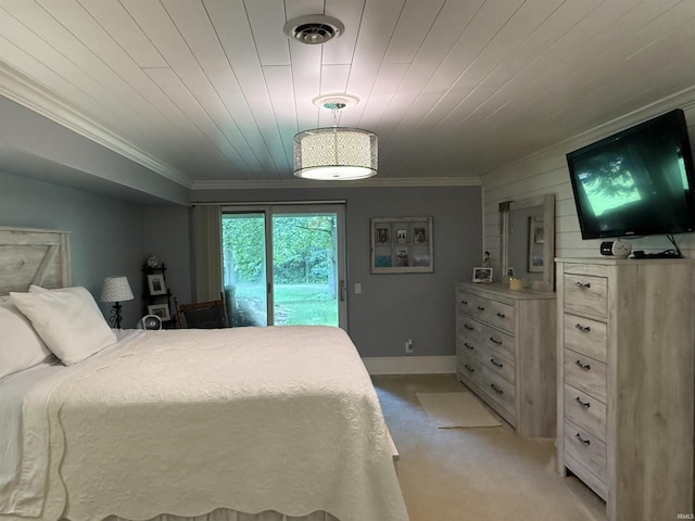 299 Spring Haven Rd, Mitchell, IN 47446 - bedroom featuring access to outside, light carpet, ornamental molding, and wooden ceiling