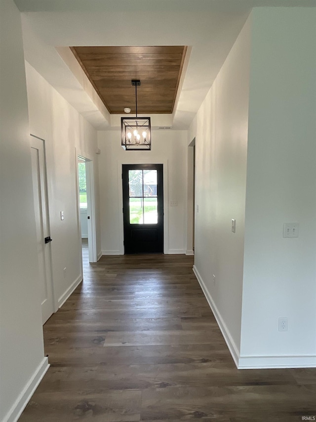 1609 Diane Dr, Ossian, IN 46777 - entrance foyer with a chandelier, wood ceiling, dark wood finished floors, and a tray ceiling