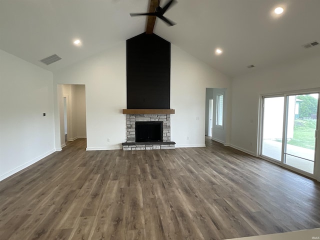 1609 Diane Dr, Ossian, IN 46777 - unfurnished living room featuring high vaulted ceiling, ceiling fan, beam ceiling, dark wood finished floors, and recessed lighting