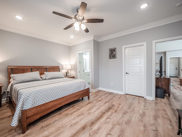 8675 Pebble Creek Dr, Newburgh, IN 47630 - bedroom with crown molding, light wood-style floors, recessed lighting, ensuite bathroom, and ceiling fan