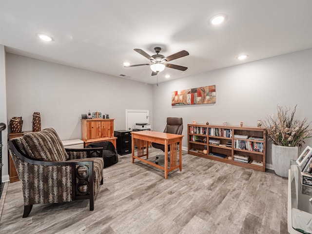 8675 Pebble Creek Dr, Newburgh, IN 47630 - office area featuring ceiling fan, recessed lighting, and wood finished floors