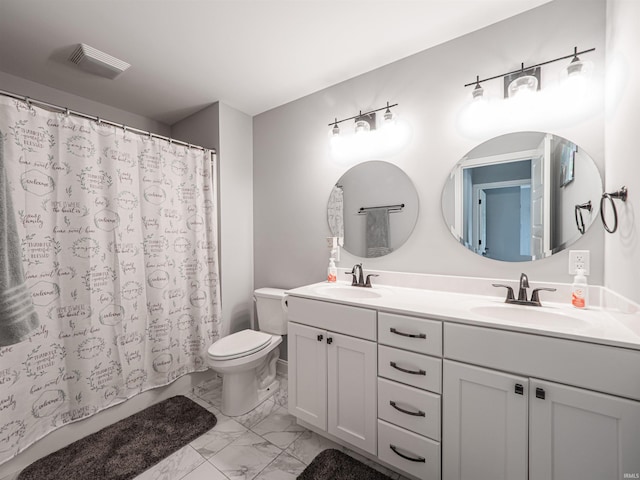 8675 Pebble Creek Dr, Newburgh, IN 47630 - bathroom with marble look tiles, double vanity, and curtained shower