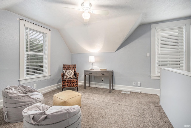 914 Golden Ave, South Bend, IN 46616 - sitting room with lofted ceiling, a textured ceiling, ceiling fan, and carpet flooring
