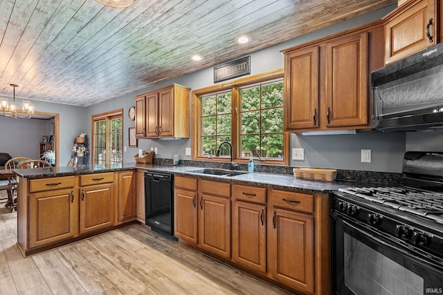 32750 Deer Watch Ct, New Carlisle, IN 46552 - kitchen featuring black appliances, wooden ceiling, a peninsula, brown cabinets, and recessed lighting