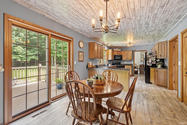 32750 Deer Watch Ct, New Carlisle, IN 46552 - dining space with a chandelier, wooden ceiling, and light wood-style floors