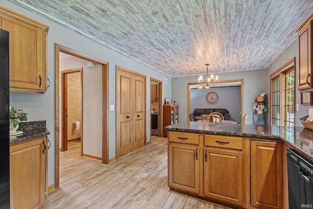 32750 Deer Watch Ct, New Carlisle, IN 46552 - kitchen with dishwasher, a chandelier, a peninsula, wooden ceiling, and washer / clothes dryer