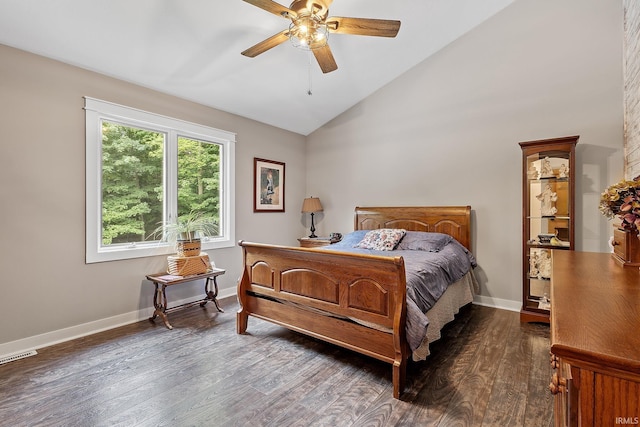 32750 Deer Watch Ct, New Carlisle, IN 46552 - bedroom with dark wood-type flooring, ceiling fan, and high vaulted ceiling