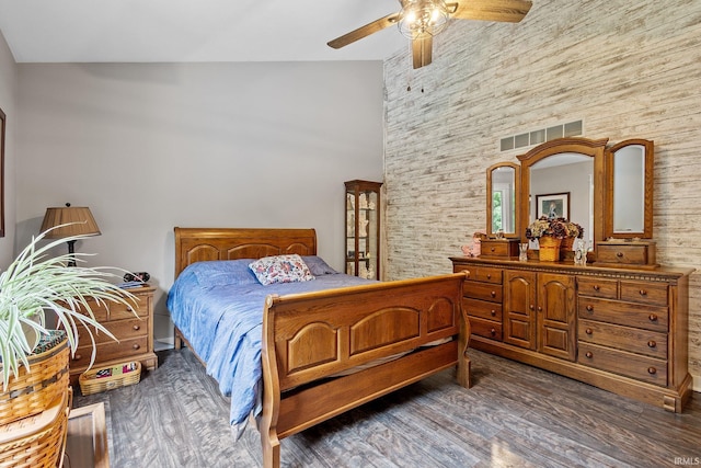 32750 Deer Watch Ct, New Carlisle, IN 46552 - bedroom with high vaulted ceiling, wood finished floors, and a ceiling fan