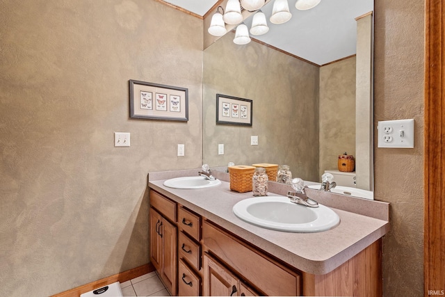 32750 Deer Watch Ct, New Carlisle, IN 46552 - bathroom with double vanity, tile patterned floors, and a chandelier