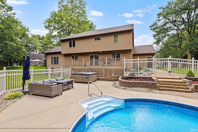 32750 Deer Watch Ct, New Carlisle, IN 46552 - view of swimming pool with a hot tub, a patio area, an outdoor living space, and a wooden deck