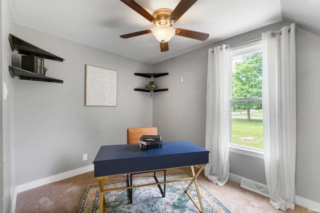 718 N Cedar St, Auburn, IN 46706 - office space featuring light colored carpet, ceiling fan, and lofted ceiling