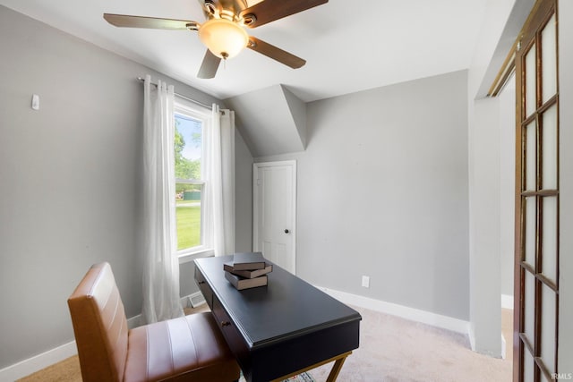 718 N Cedar St, Auburn, IN 46706 - office space with a ceiling fan, light colored carpet, and vaulted ceiling
