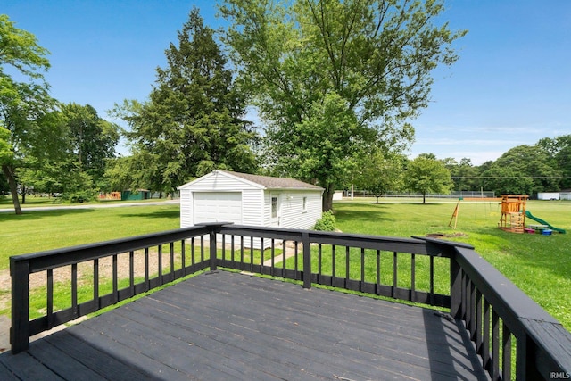 718 N Cedar St, Auburn, IN 46706 - deck featuring a detached garage, an outbuilding, a lawn, a playground, and view of scattered trees