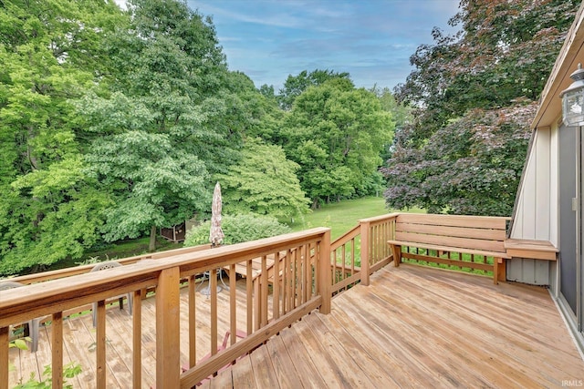 600 Forest Dr, Bloomfield, IN 47424 - wooden terrace with view of wooded area