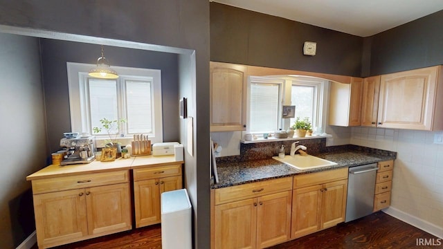 325 W 5th St, Jasper, IN 47546 - kitchen with dishwasher, dark wood-style floors, light brown cabinets, and pendant lighting