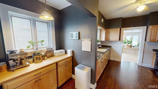 325 W 5th St, Jasper, IN 47546 - kitchen with dark wood-style floors, ceiling fan, plenty of natural light, and tasteful backsplash