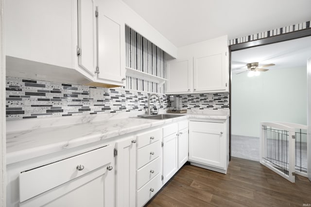 2606 Prairie Grove Dr, Fort Wayne, IN 46809 - kitchen with ceiling fan, white cabinets, and dark wood-style floors
