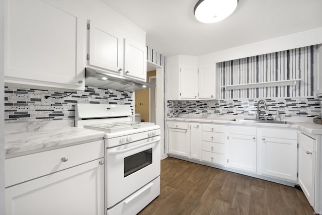 2606 Prairie Grove Dr, Fort Wayne, IN 46809 - kitchen with white range with gas cooktop, under cabinet range hood, tasteful backsplash, and white cabinets