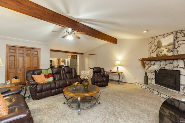 12069 N Timberline Trce, Granger, IN 46530 - carpeted living room featuring ceiling fan and a stone fireplace