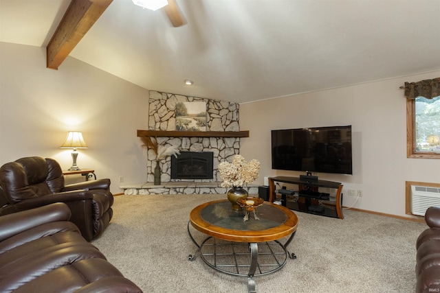 12069 N Timberline Trce, Granger, IN 46530 - carpeted living area featuring a stone fireplace, ceiling fan, and a wall unit AC