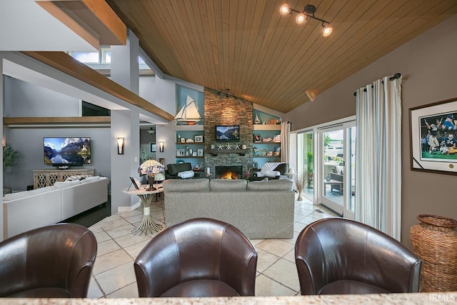 51257 Blue Ribbon Ln, Elkhart, IN 46514 - living room featuring wood ceiling, light tile patterned floors, a stone fireplace, and high vaulted ceiling