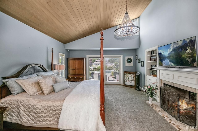 51257 Blue Ribbon Ln, Elkhart, IN 46514 - bedroom featuring carpet, a chandelier, high vaulted ceiling, a tile fireplace, and access to exterior