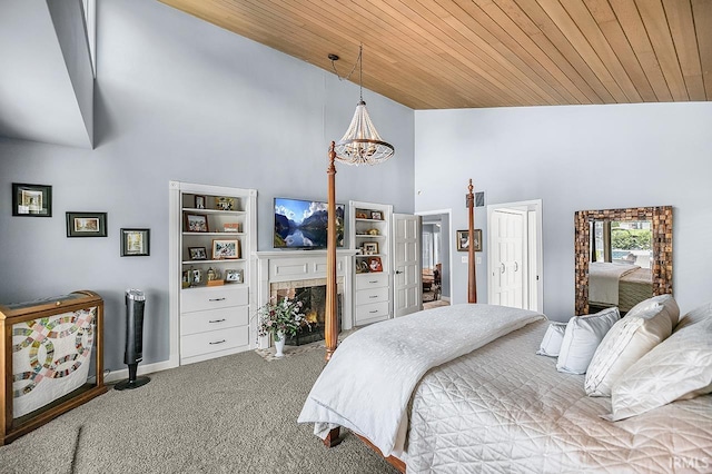 51257 Blue Ribbon Ln, Elkhart, IN 46514 - carpeted bedroom with high vaulted ceiling, wooden ceiling, and a chandelier