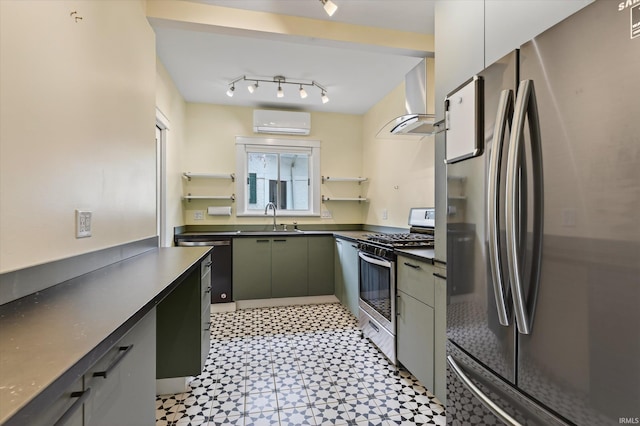 1060 Woodward Ave, South Bend, IN 46616 - kitchen with stainless steel appliances, wall chimney exhaust hood, a wall mounted AC, open shelves, and dark countertops